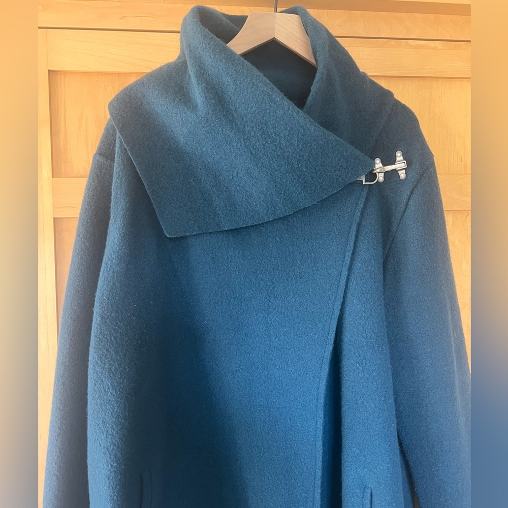 NWOT Garnet Hill Asymmetrical Boiled Wool Coat - Blue with Silver Clasp
